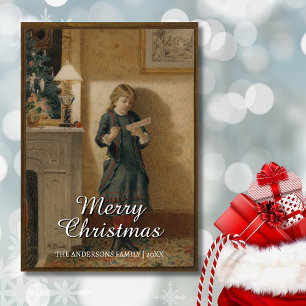 Nostalgisches Vintages Kind mit Weihnachtsgrüßen Feiertagskarte