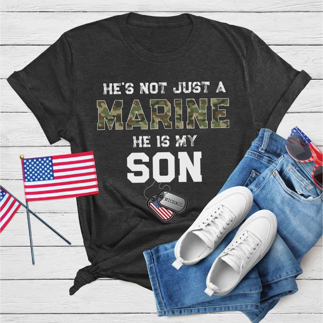Not Just A Marine He's My Son Military Custom Name T-Shirt (He's / She's not just a Marine is my Son Dad Mom boot camp graduation party heather dark gray shirt)