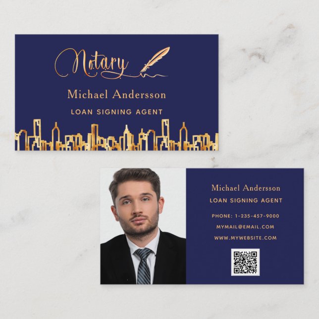 Notar Agent Marine blaue goldene Skyline QR Code F Visitenkarte (Vorne/Hinten)