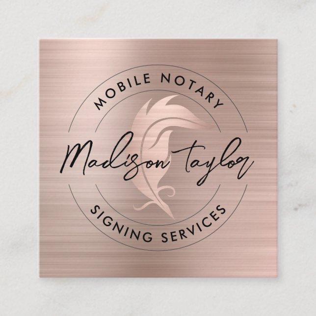 Notar Agent Rose Gold Brushed Metal Quill Quadratische Visitenkarte (Vorderseite)