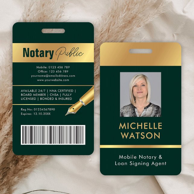 Notar-Agent-Signatur Foto-ID Grün & Gold Ausweis (Stylish employee photo ID badge in emerald green and gold)
