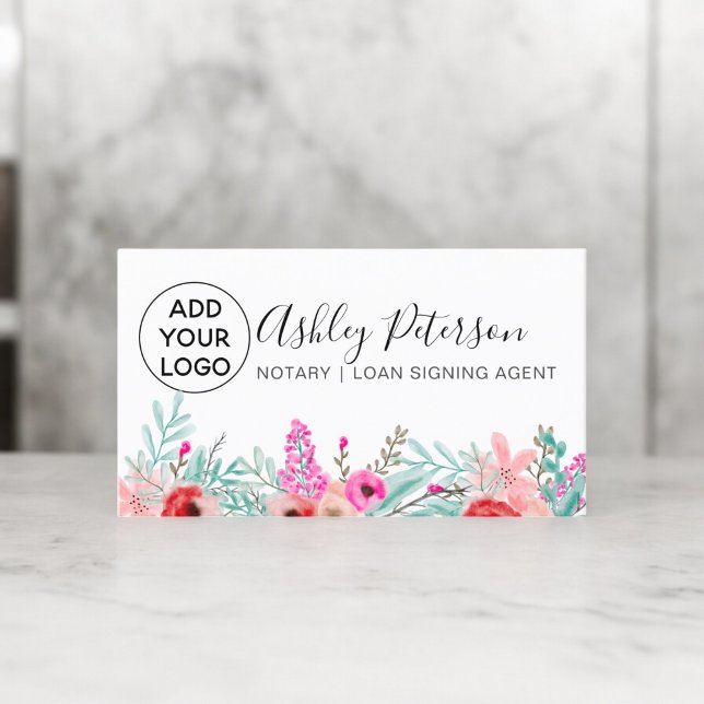 Notar Logo Minz rosa Blumenstrauß Visitenkarte (Notary logo Mint pink floral watercolor bouquet Business Card)