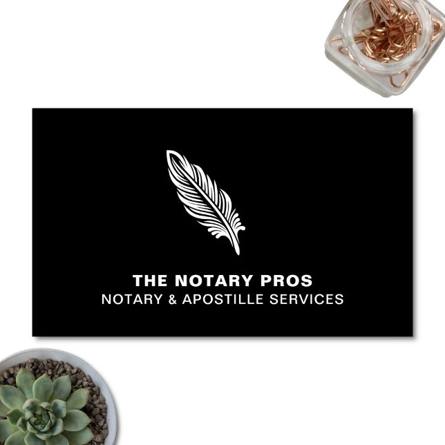 Notar Public Apostille Service Modern Black Visitenkarte (Modern Notary & Apostille Service business card. Shown on a light desktop background.)