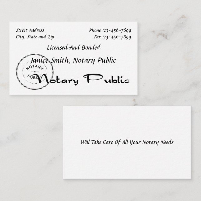 Notar Public Business Card Visitenkarte (Vorne/Hinten)