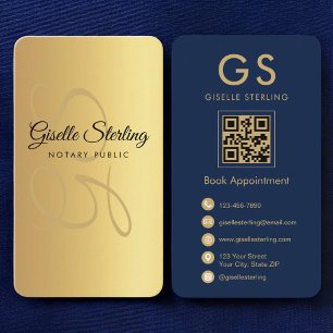 Notar Public Gold Navy Blue QR Code Monogramm Visitenkarte