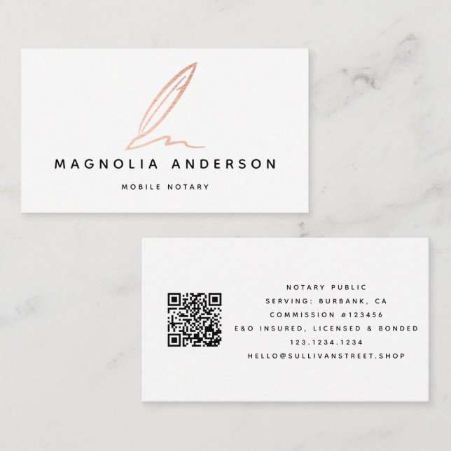 Notar Public Signing Agent Rose Gold Foil QR Code Visitenkarte (Vorne/Hinten)