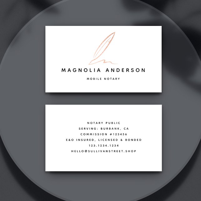 Notar Public Signing Agent Rose Gold Foil Quill Visitenkarte (Von Creator hochgeladen)