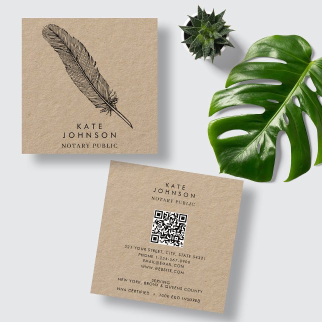 Notar Signatur Agent Feather Quill Rustic Kraft Quadratische Visitenkarte (Notary Signing Agent Feather Quill Rustic Kraft Square Business Card)