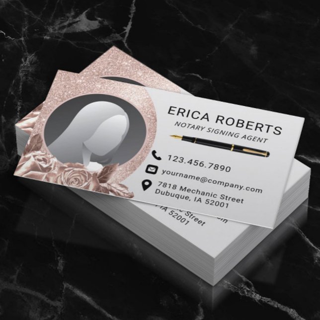 Notar Signatur Agent Moderne Rose Gold Floral Foto Visitenkarte (Von Creator hochgeladen)
