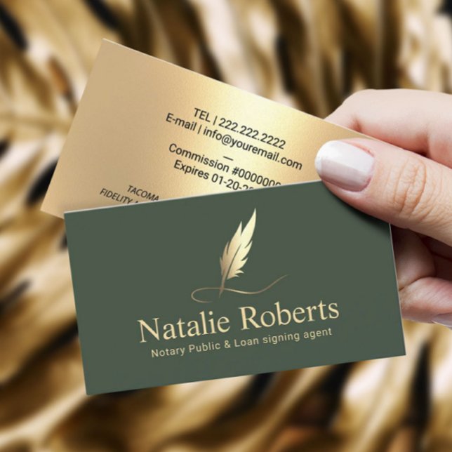 Notar Signatur Agent Sage Green & Gold Quill Logo Visitenkarte (Von Creator hochgeladen)