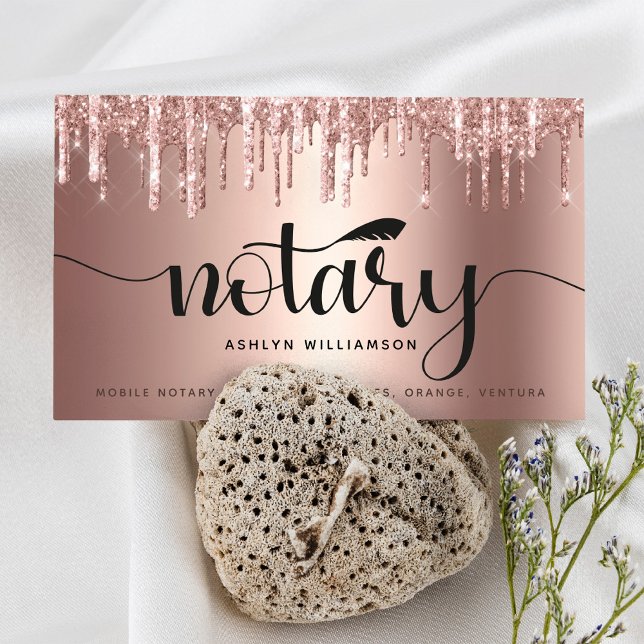 Notar Signieren Agent Copper PInk Glitzer Script Visitenkarte (Von Creator hochgeladen)