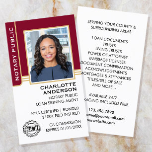 Notare Public Loan Signing Agent ID Burgundy Gold Visitenkarte
