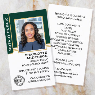Notare Public Loan Signing Agent ID Green Gold Visitenkarte