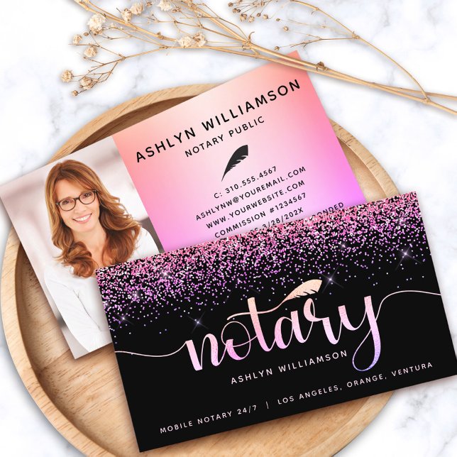 Notary Black Pink Lila Glitzer Loan Agent Foto Visitenkarte (Von Creator hochgeladen)