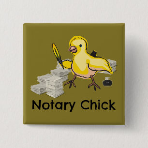 Notary Chick Yellow Feather Quill and Documents Button