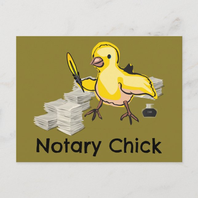 Notary Chick Yellow Feather Quill and Documents Postkarte (Vorderseite)