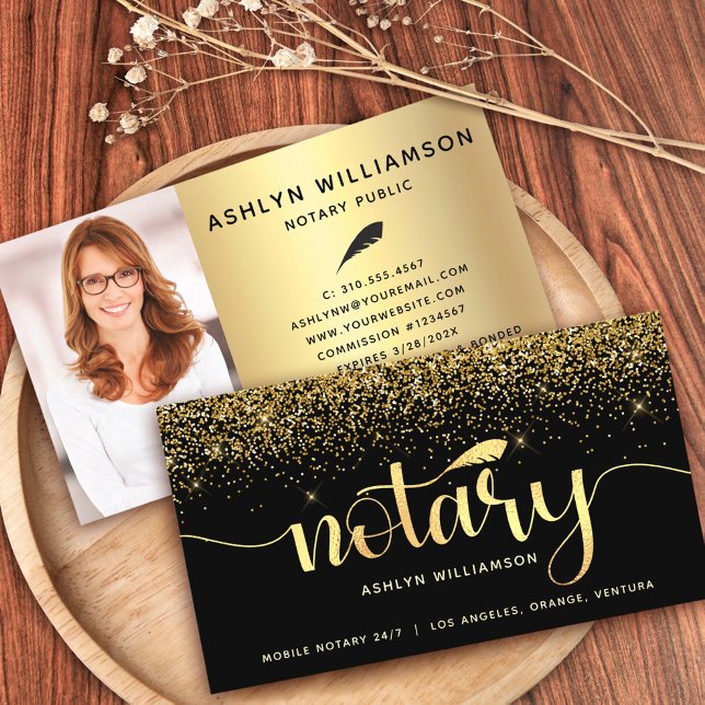 Notary Foto Black Gold Glitzer Loan Signing Agent Visitenkarte (Von Creator hochgeladen)
