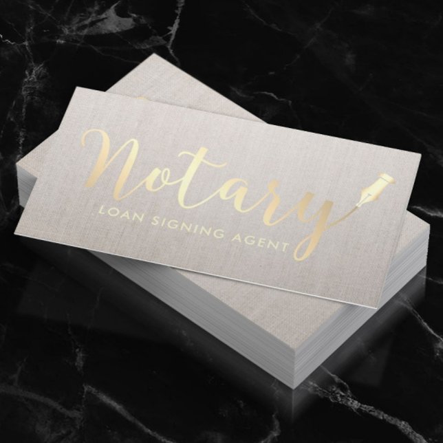 Notary Loan Signing Agent Gold Script Classy Linen Visitenkarte (Von Creator hochgeladen)