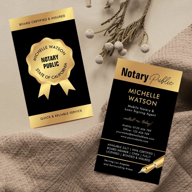Notary Loan Signing Agent Moderner Black & Gold Visitenkarte (Modern attorney and loan signing agent business cards in black and gold)