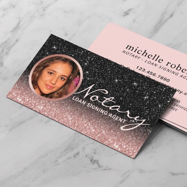 Notary Loan Signing Agent Rose Gold & Black Foto Visitenkarte (Von Creator hochgeladen)