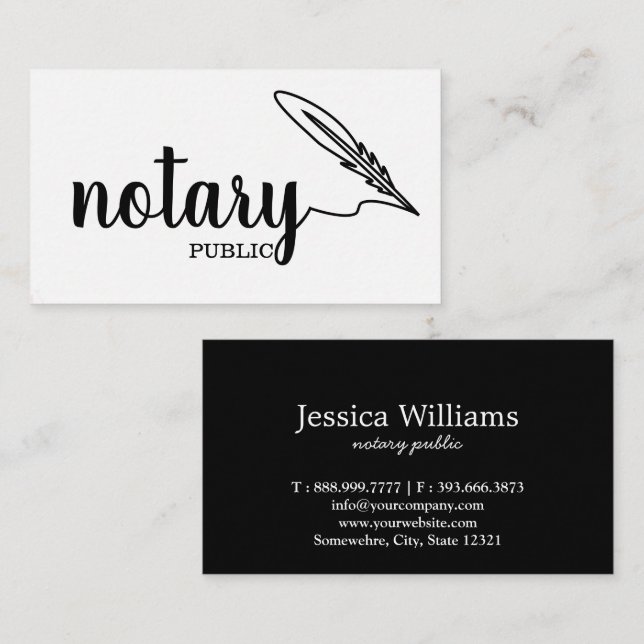 Notary Public Elegante Script Schlicht Black & Whi Visitenkarte (Vorne/Hinten)