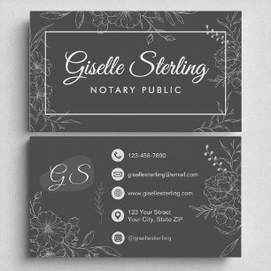 Notary Public Moody Charcoal Gray Floral Script Visitenkarte