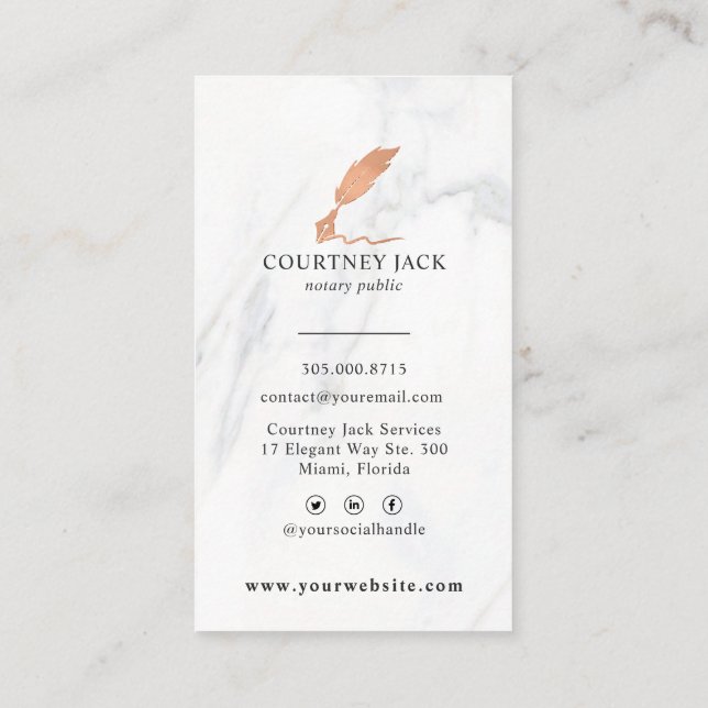 Notary Public Services Luxury Marble Rose Gold Visitenkarte (Rückseite)