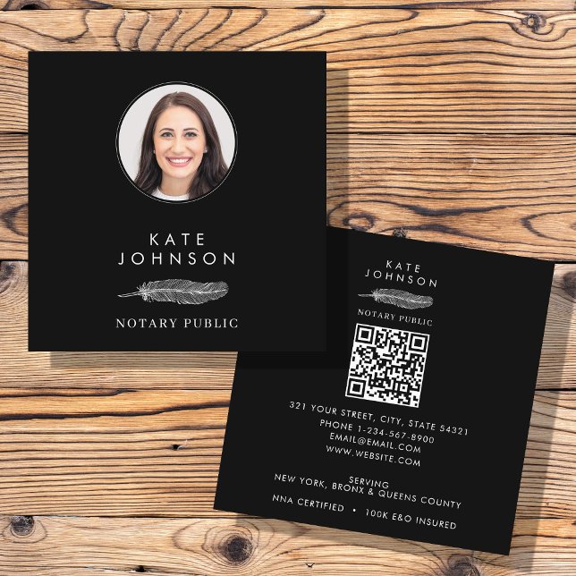 Notary Signage Agent Feather Quill Logo Foto Quadratische Visitenkarte (Notary Signing Agent Feather Quill Logo Photo Square Business Card)
