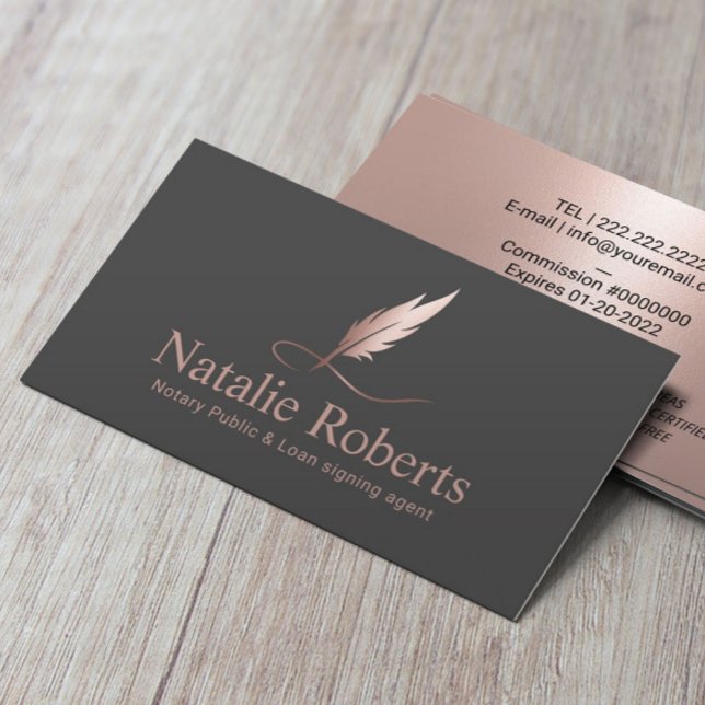 Notary Signing Agent Elegante Rose Gold Quill Logo Visitenkarte (Von Creator hochgeladen)