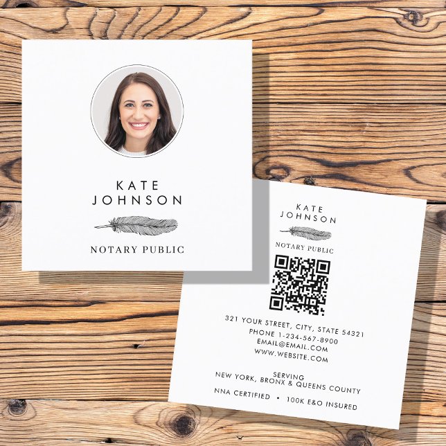 Notary Signing Agent Feather Quill Logo Photo Quadratische Visitenkarte (Notary Signing Agent Feather Quill Logo Photo Square Business Card)