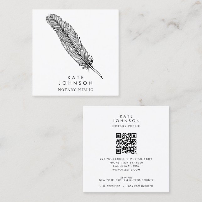 Notary Signing Agent Feather Quill QR Code Quadratische Visitenkarte (Vorne/Hinten)