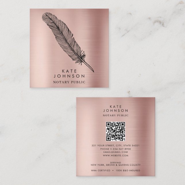Notary Signing Agent Feather Quill Rose Gold Quadratische Visitenkarte (Vorne/Hinten)