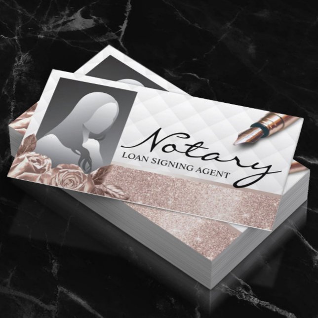 Notary Signing Agent Luxury Rose Gold Floral Foto Visitenkarte (Von Creator hochgeladen)
