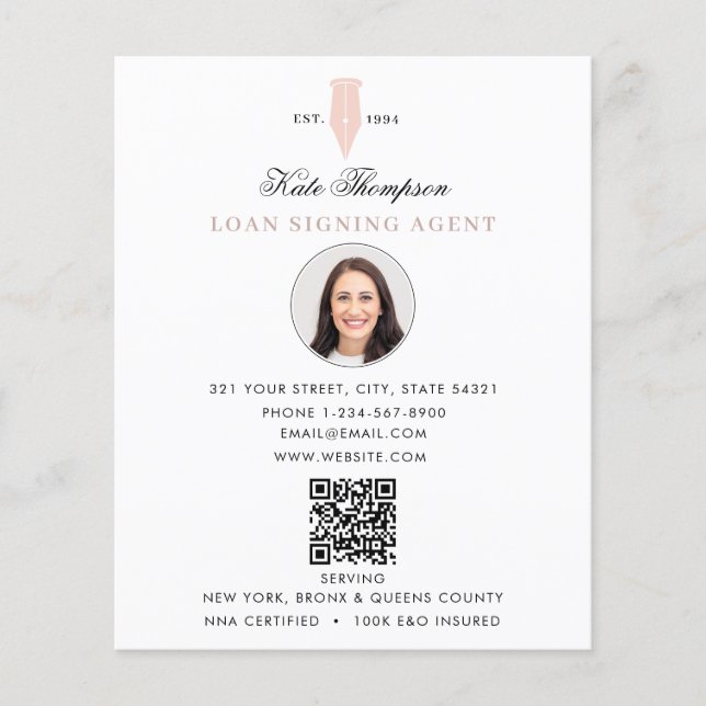 Notary Signing Agent  Modern Pink QR Code Photo Flyer (Vorne)