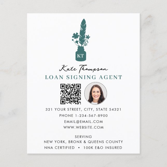 Notary Signing Agent QR Code Photo Botanical Quill Flyer (Vorne)