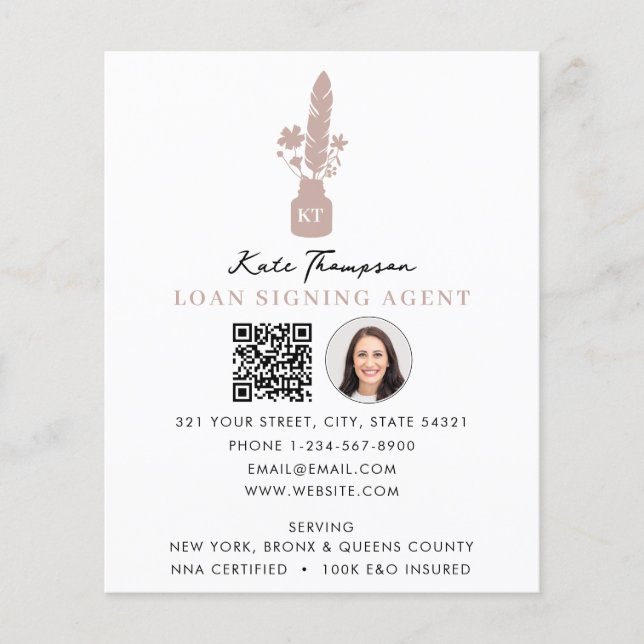 Notary Signing Agent QR Code Photo Botanical Quill Flyer (Vorne)