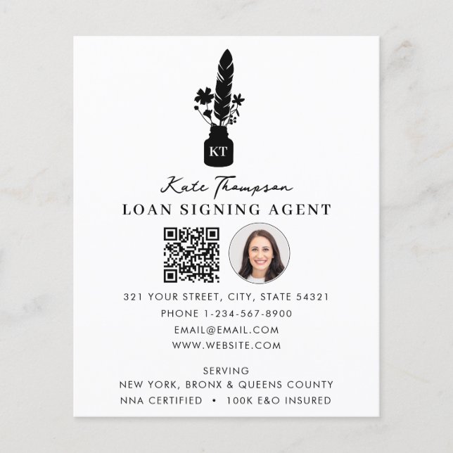 Notary Signing Agent QR Code Photo Botanical Quill Flyer (Vorne)