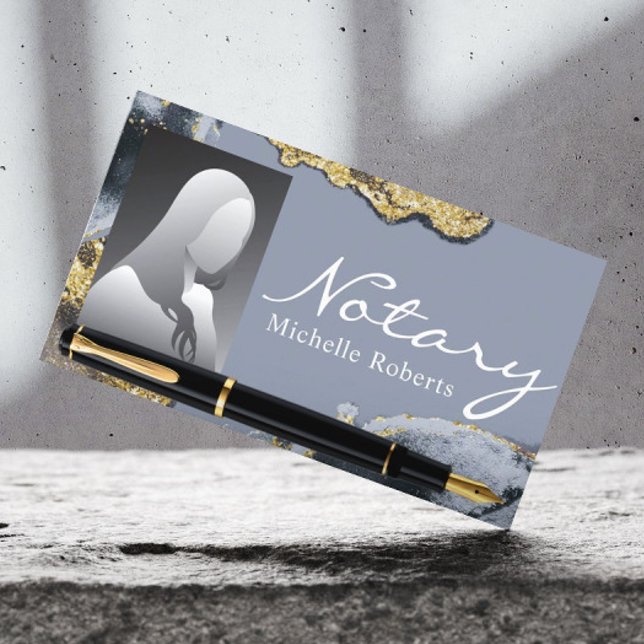 Notary Signing Agent Trendy Gold & Blue Foto Visitenkarte (Von Creator hochgeladen)