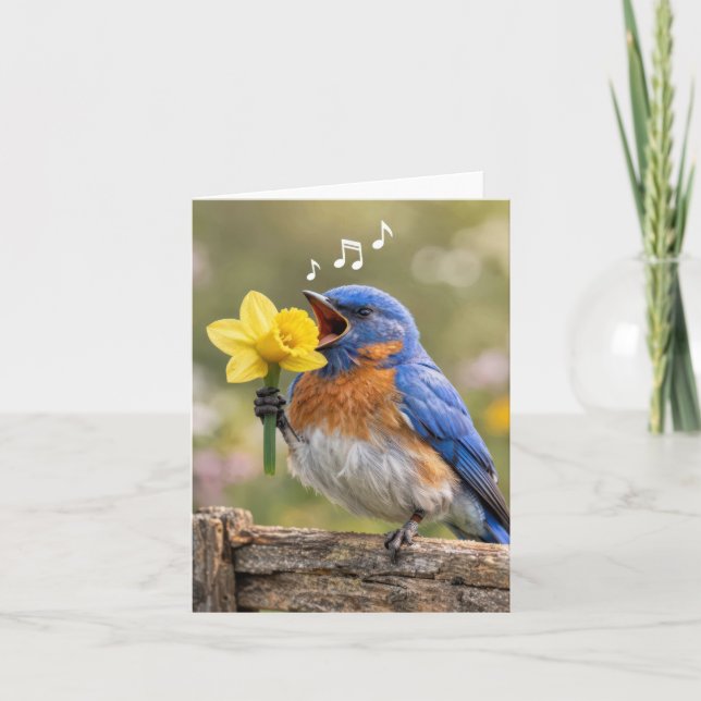 Note Card Bluebird Singing with a Yellow Daffodil Karte (Vorderseite)