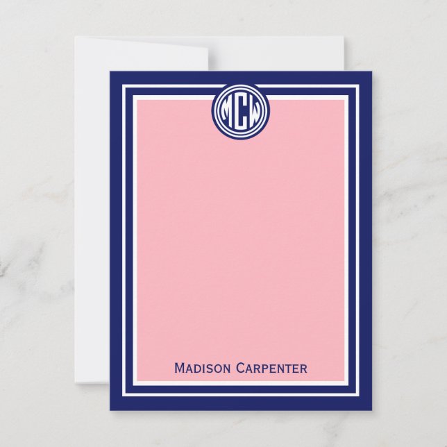 Note Pink Navy Blue Gerahmt Preppy Vine Monogram (Vorderseite)