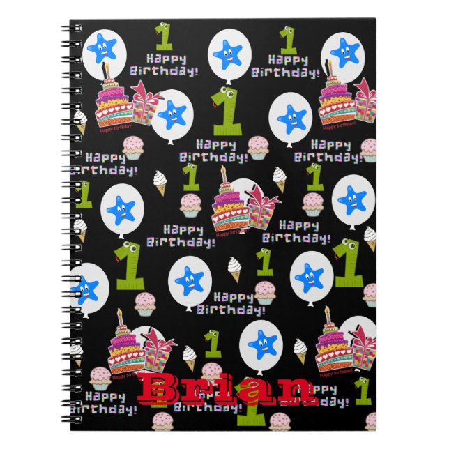 Notebook, #1Happy First Birthday Notes Black Notizblock (Vorderseite)