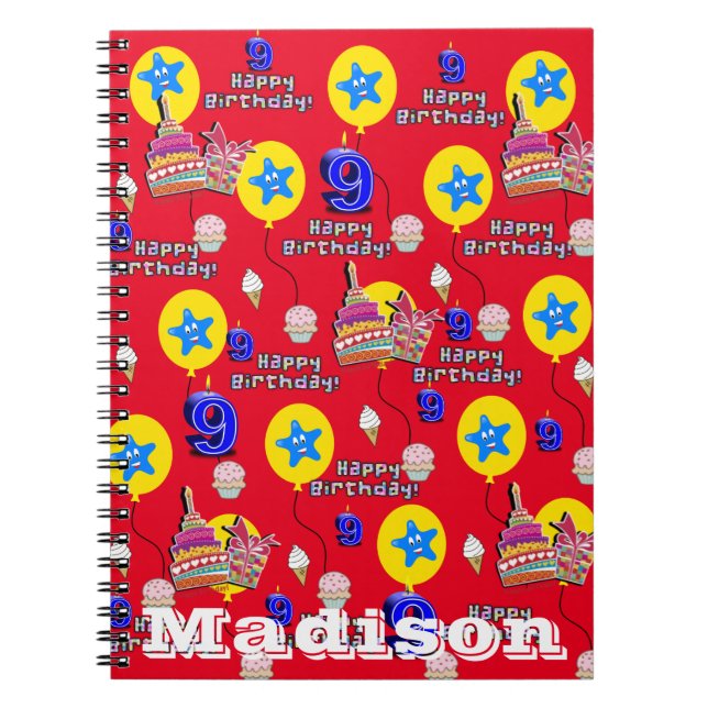 Notebook, #9 Happy 9th Birthday Notes Red Notizblock (Vorderseite)