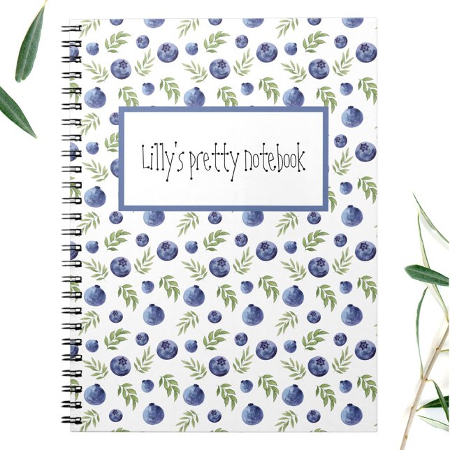 Notebook mit Blueberries und benutzerdefiniertem T Notizblock (Notebook with blueberries with your own text)