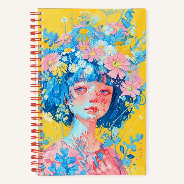 Notebook mit einem Mädchen mit einem Kranz blauer  Notizbuch (Vorderseite)