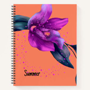 Notebook mit Lila Orchid-Design auf Orange Notizbuch