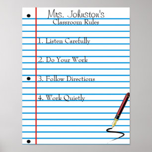 Notebook Paper School Klassenzimmer Regeln Poster