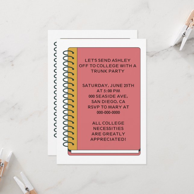 Notebook-Uni Trunk-Party Einladung (Vorderseite/Rückseite Beispiel)