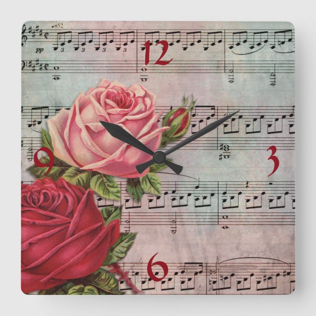 Noten mit Rose Wall Clock Quadratische Wanduhr (Vorderseite)