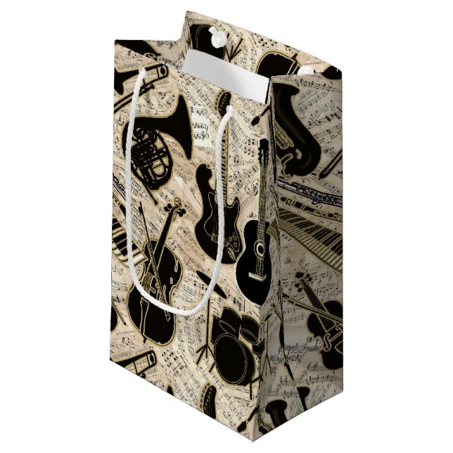 Noten und Instrumente Black/Gold ID481 Kleine Geschenktüte (Vorderseite Schrägansicht)