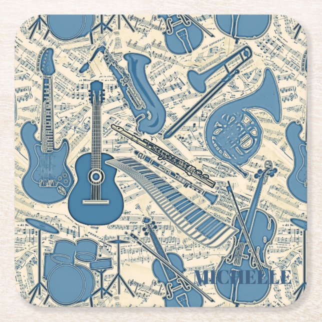 Noten und Instrumente Blue/Ivory ID481 Rechteckiger Pappuntersetzer (Vorderseite)